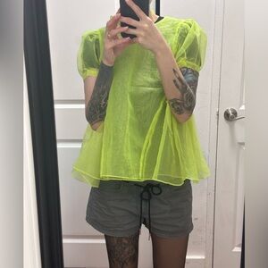 Sandy Liang sheer short sleeve top blouse neon yellow green
